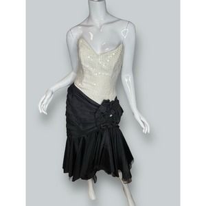 Vtg Tadashi Shoji Black & Off White Sequin 80s Dropped Waist Dress Gown Sz XS/S